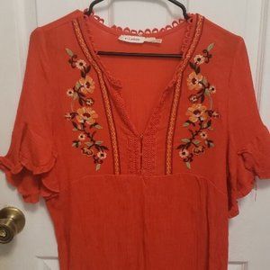 Anthropologie Red Embroidered Top